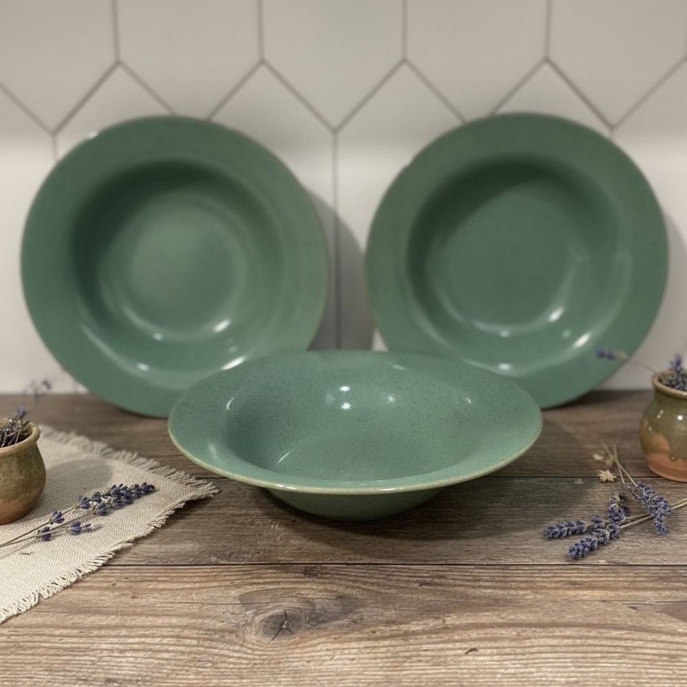 Lindt Stymeist Craftworks Green Tea Speckled Rimmed 3 Salad Soup Bowls Japan *